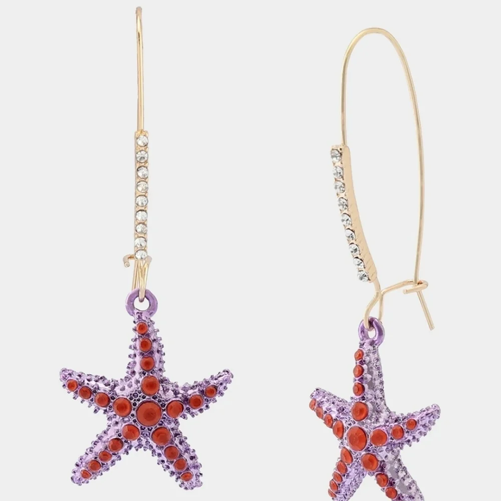 💕▪️Betsey Johnson ▪️Mermaid Jewels Starfish Dangle Shepherd Hook Purple Earring